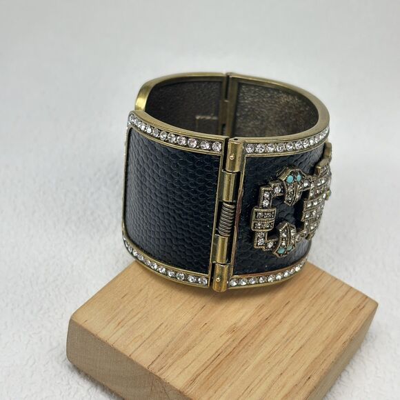 Heidi Daus Art Deco Wide Cuff Bracelet Black Leather Look Rhinestone Turquoise - Picture 3 of 10